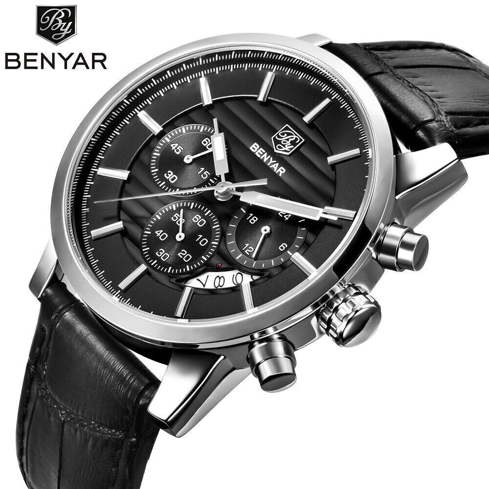 BENYAR Quartz Watch for Men Sports Chronograph Watch Waterproof Leather Strap