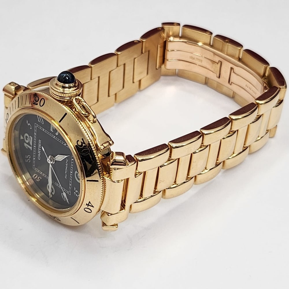 Full Set Cartier Pasha 35 mm 18K Yellow Gold Black Dial Automatic Watch 10351