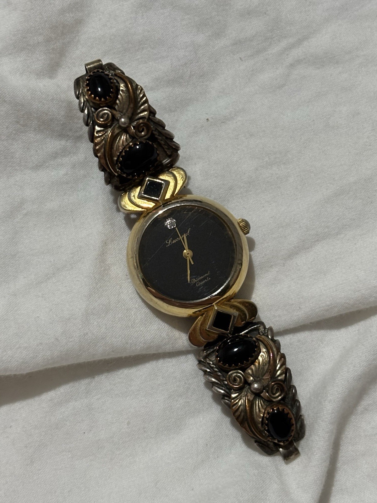 Lucoral Diamond Quartz Watch Bracelet Robert Becenti Sterling Navajo Black Onyx