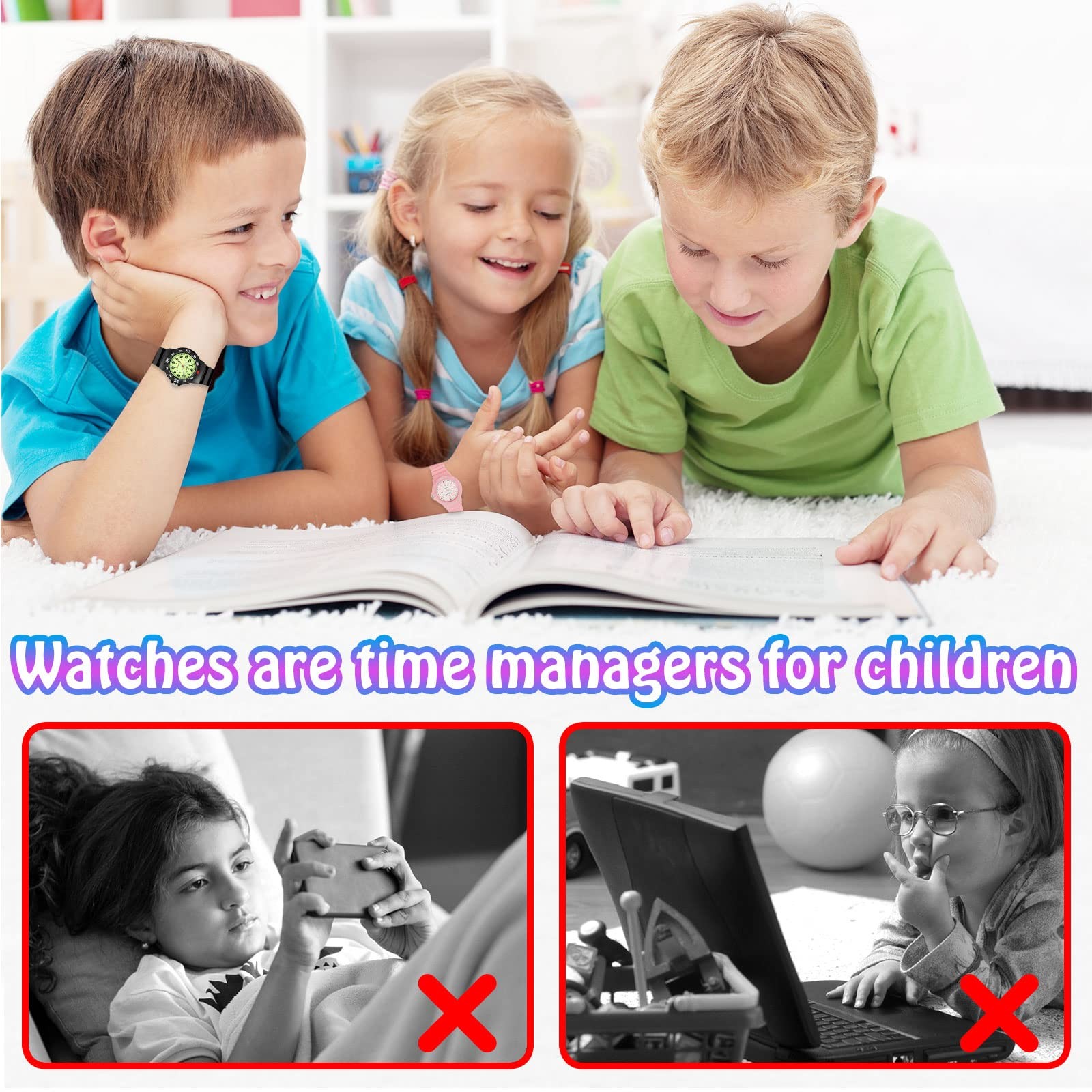 Kids Analog Watch Waterproof Time Teacher for Boys Girls, Soft Band Black