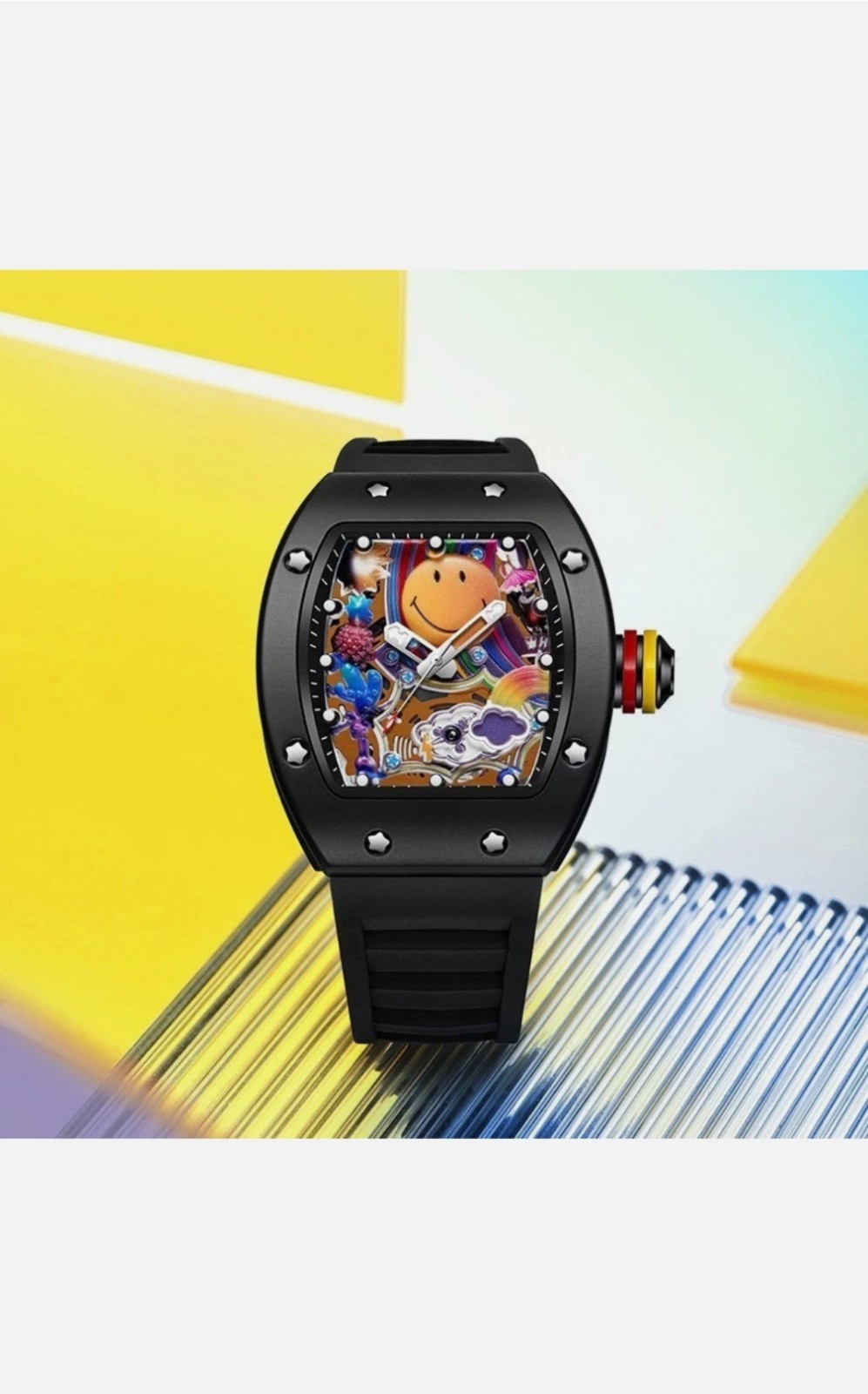 Luxury Style Cartoon Dial Watch Tonneau Case Silicone Strap Quartz