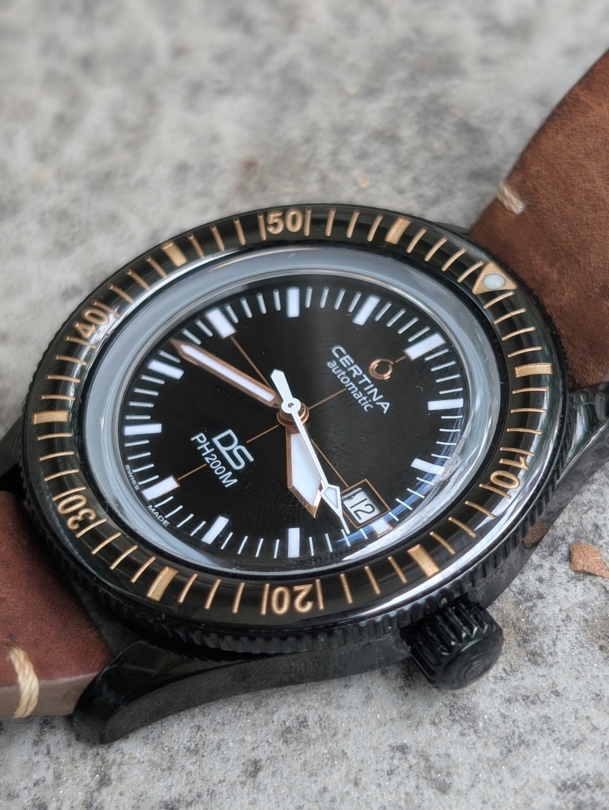 Certina DS PH200M Automatic 200m Diver 43mm Black Dial Date Brown Leather