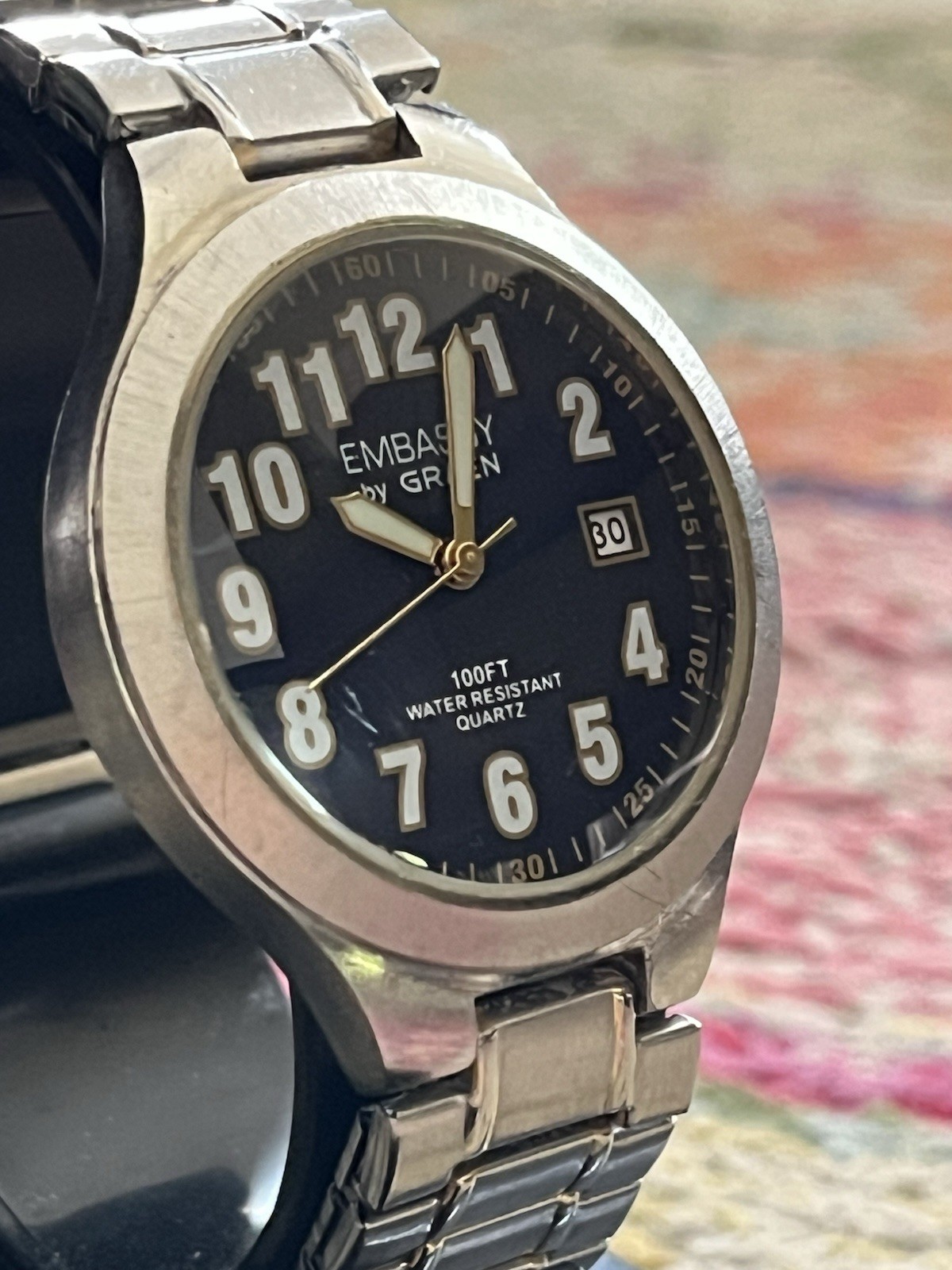 VTG Embassy by Gruen 38mm Men’s Silver Quartz Watch W/Blue Dial New Battery