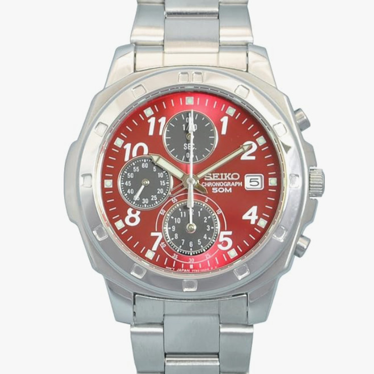 Seiko SND495P Men’s Silver Quartz Chronograph Red Dial Reverse Import Watch 50M