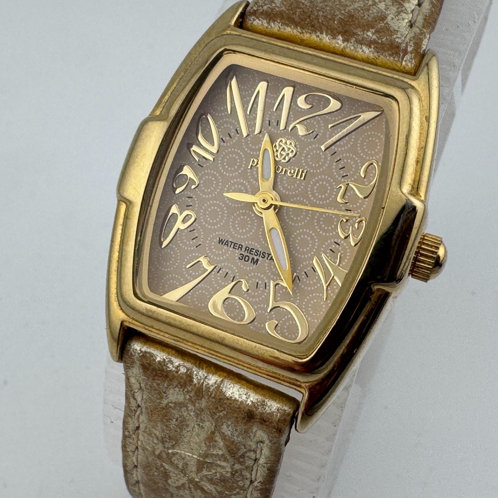 Pastorelli Swiss Parts Quartz Watch Women Gold Tone Barrel Leather New Battery