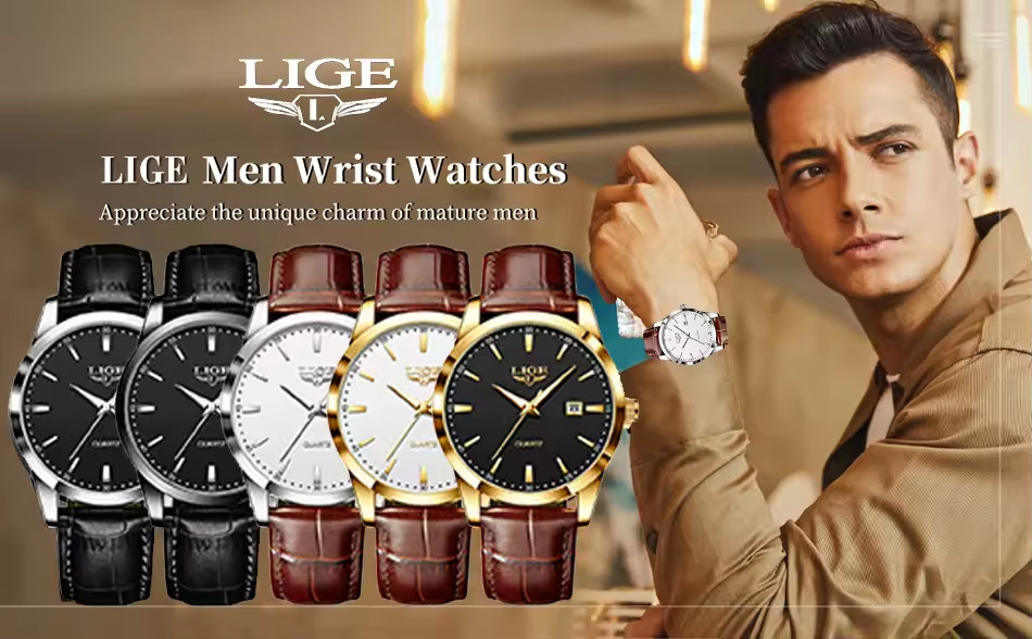 LIGE Luxury Men’s Watch Waterproof Quartz Business Sport Wristwatch Leather Band