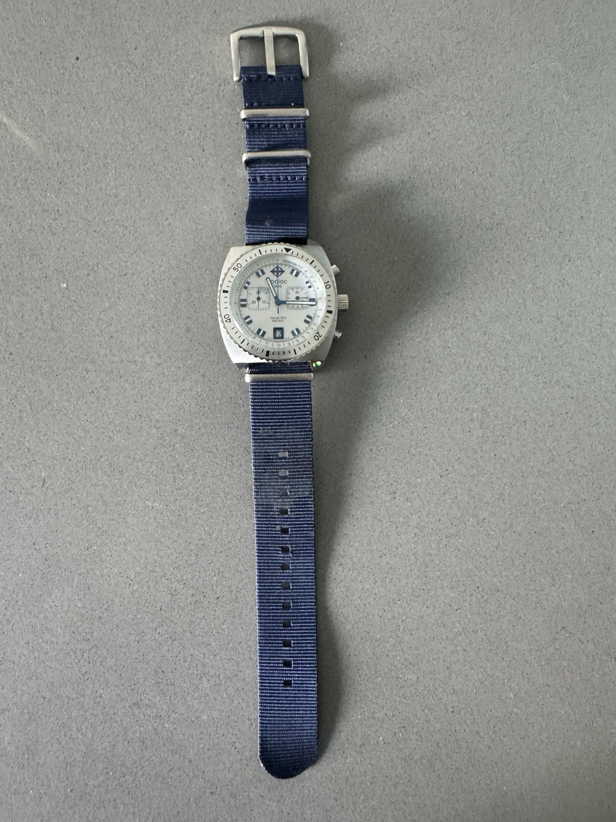 Zodiac Sea Dragon Chronograph ZO2242 featuring a silver dial and blue NATO strap