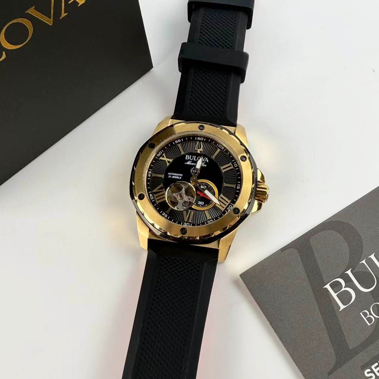 New Bulova Marine Star 98A272 Black Dial Silicone Strap Men’s Automatic Watch
