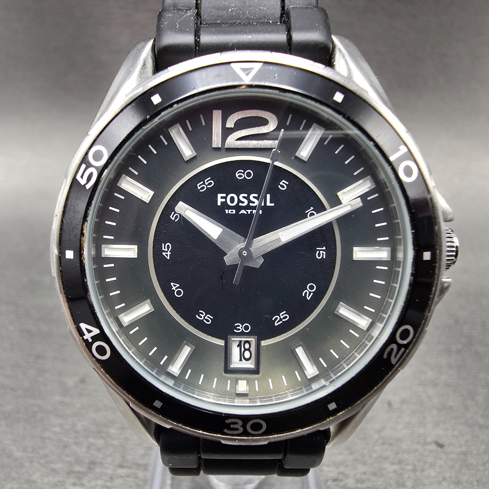 Fossil Dive Watch Men 38mm Black Dial Silver Tone Date Round AM-4264 New Battery