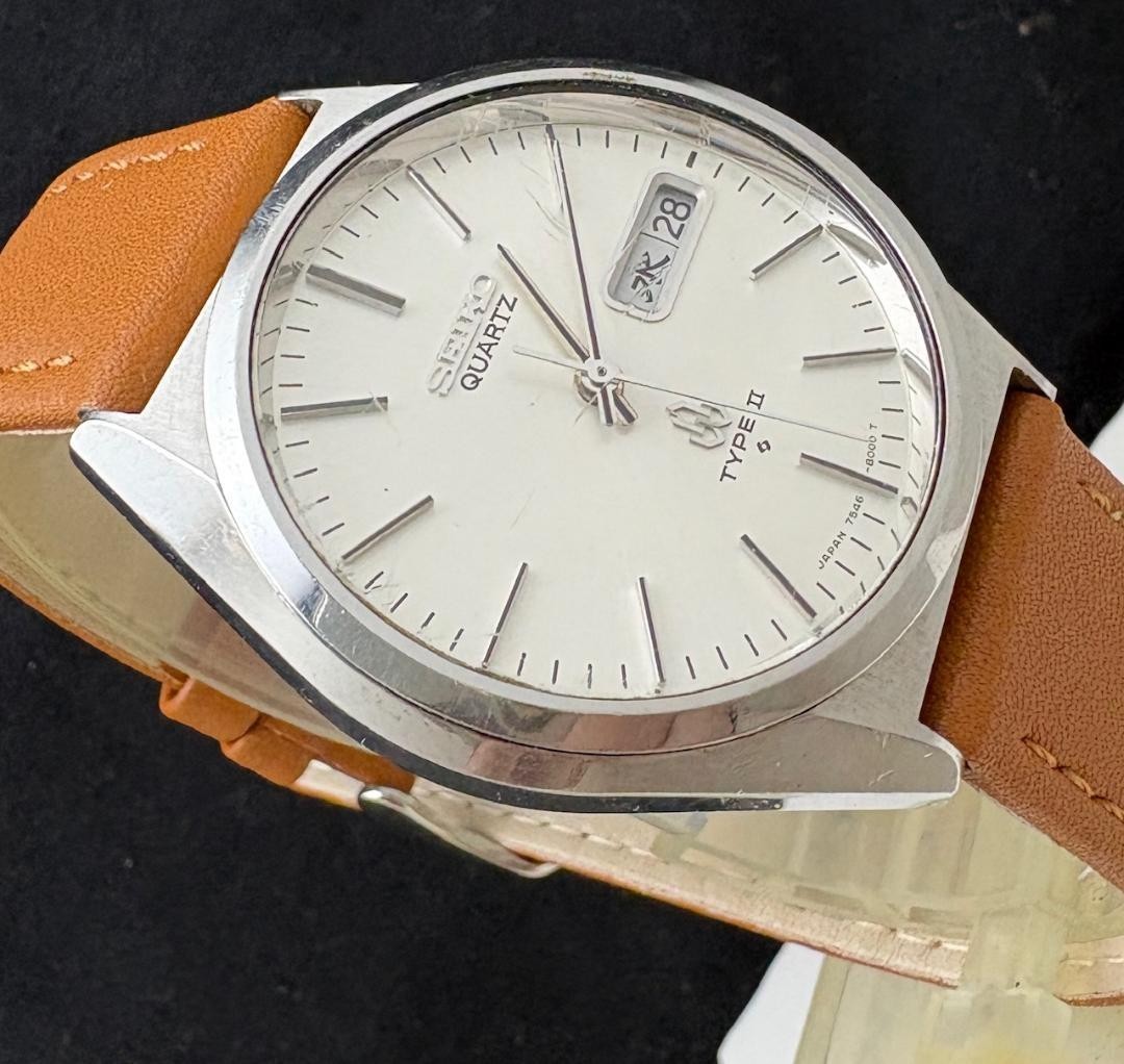 Seiko TYPE II 7546 Quartz Men’s Watch White Dial Analog Date Display From Japan