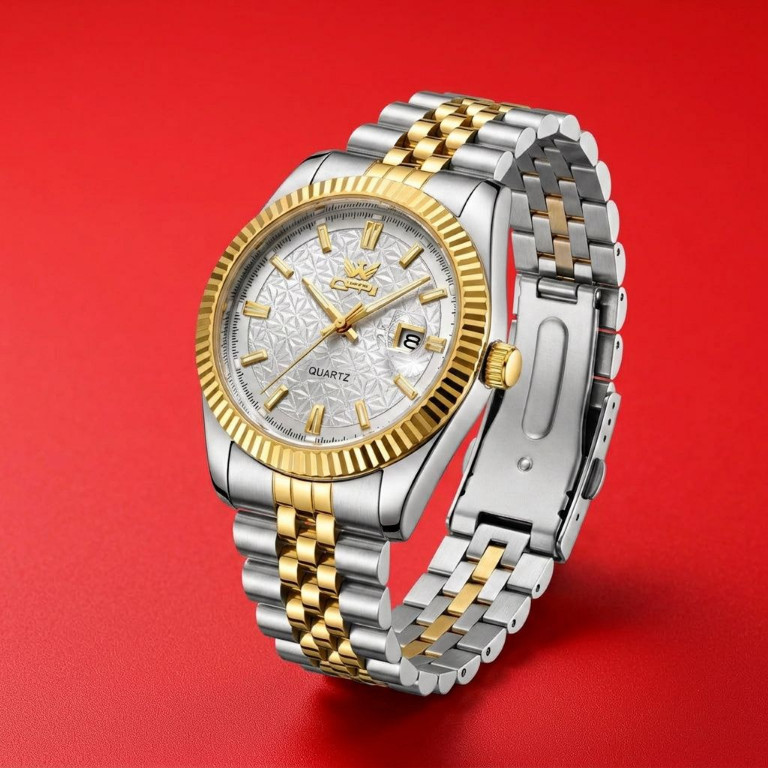 Mens Dress Luxury Watch Silver Gold Dial Analog Quart Stainless Steel Wristwatch
