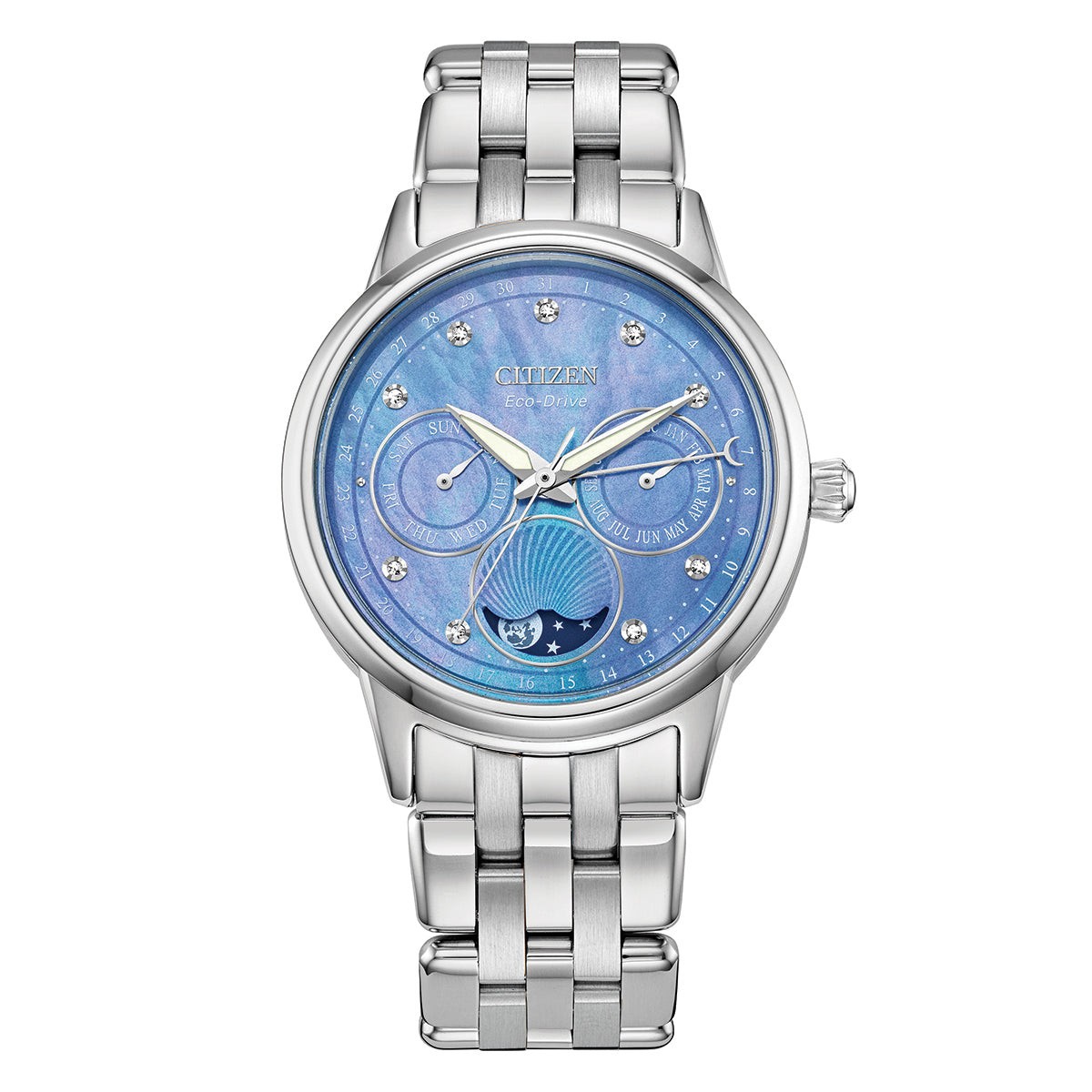 NEW CITIZEN ECO DRIVE WOMEN’S MOON PHASE CALENDRIER DIAMOND WATCH FD0000-52N