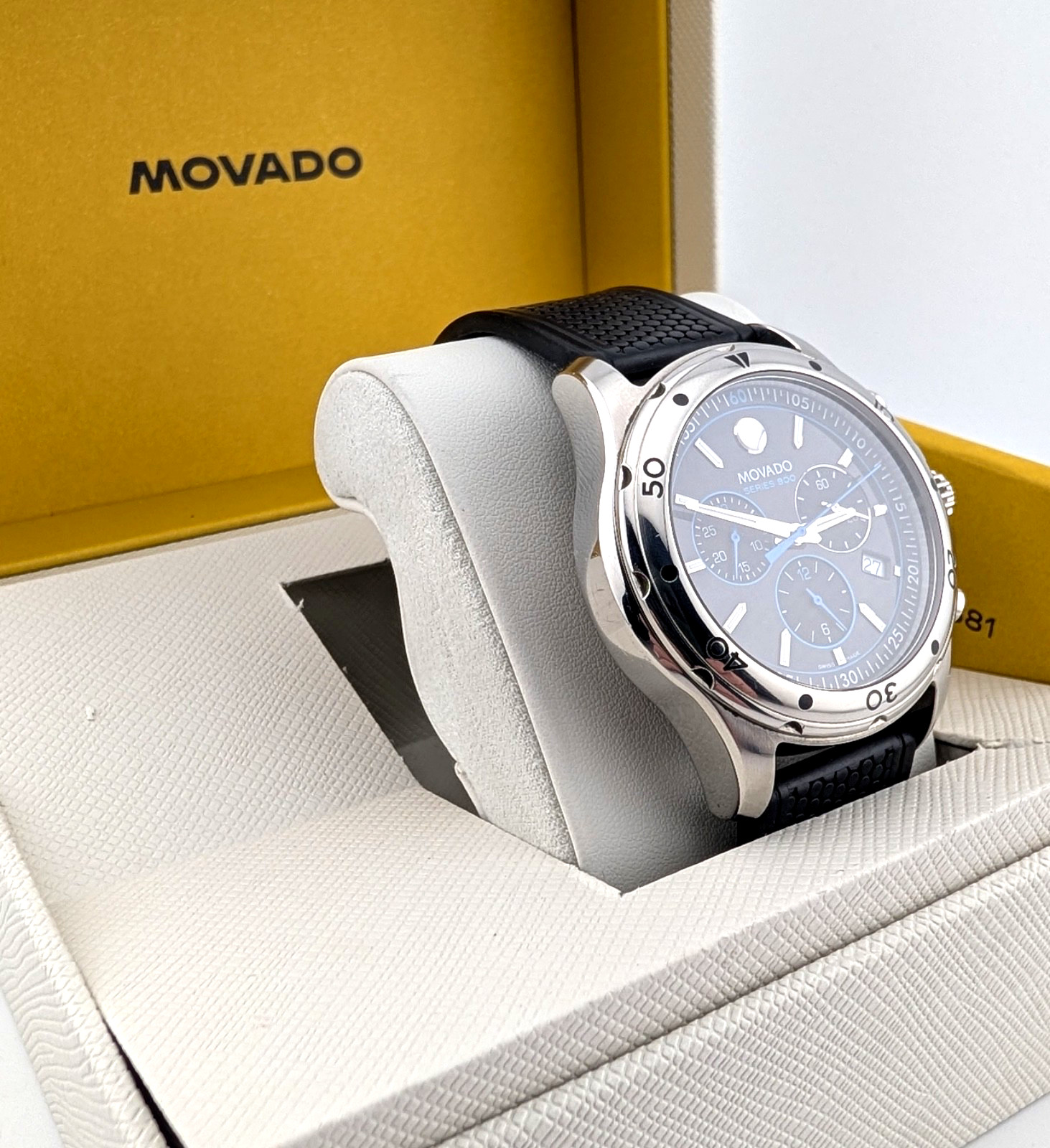 Movado Men’s Series 800 Chronograph Watch~Black Dial/Blue Accents; #14.1.14.1060