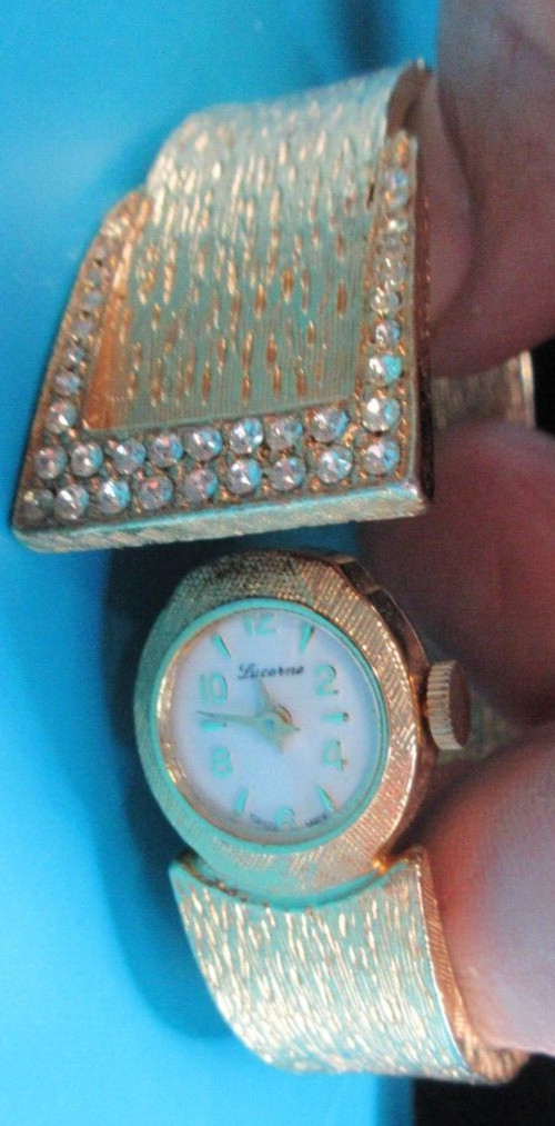 LUCERNE BANGLE BUCKLE BRACELET WATCH ~ RHINESTONE ACCENTS~BASE METAL~STAINLESS