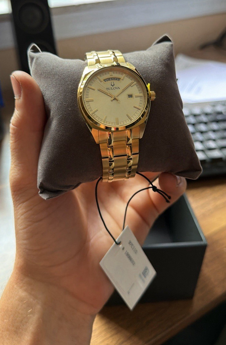 Bulova 97C115 Men’s Gold Tone Day Date Quartz Watch New w/ Box & Tag