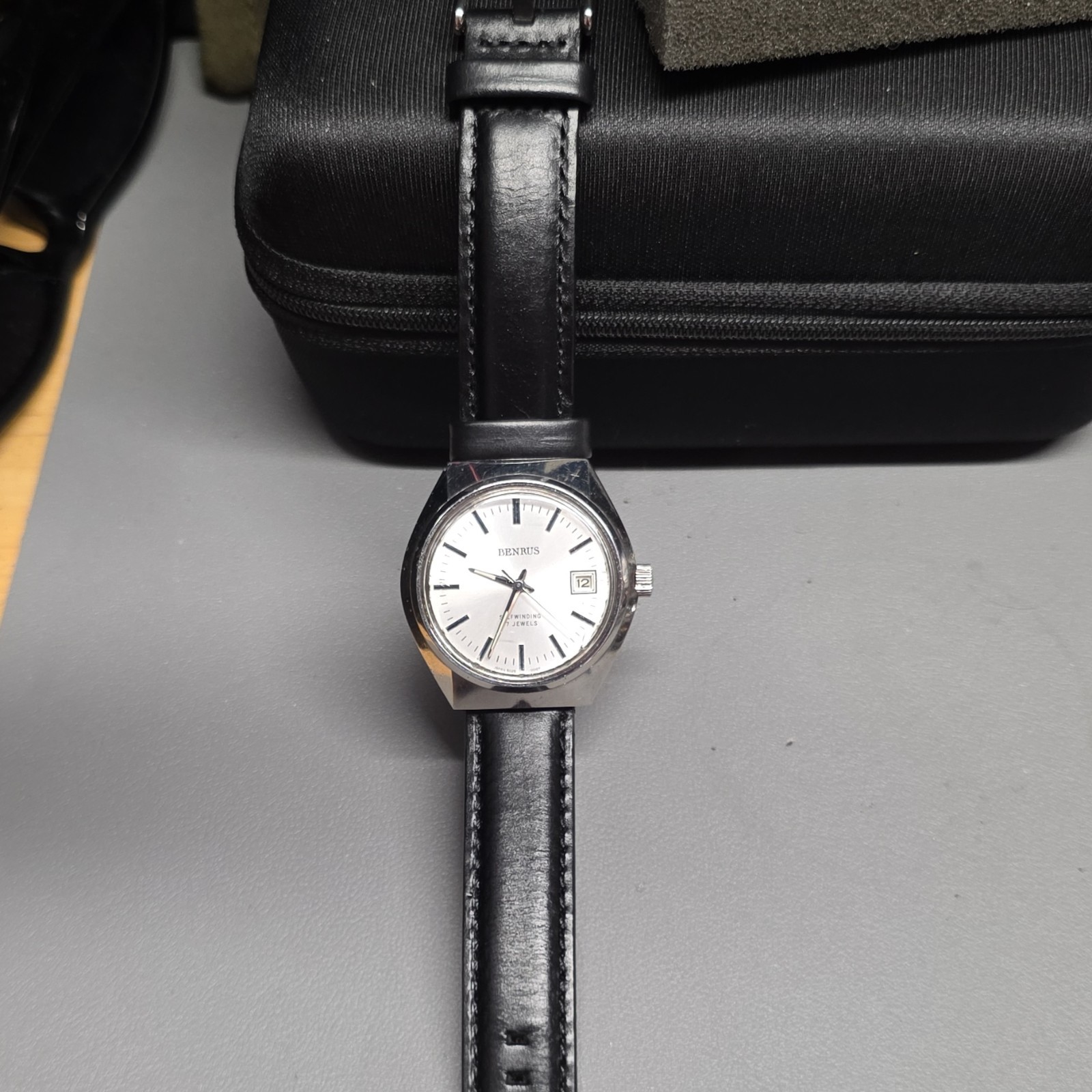 Benrus Classic Analog 17 Jewels Date Silver Dial Stainless Steel Black Leather