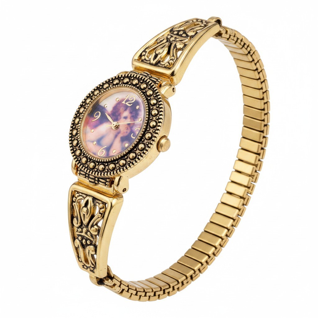 Vintage Whimsigoth Seiko SII Cherub Watch Celestial Angel Gold Tone Stretch 26mm