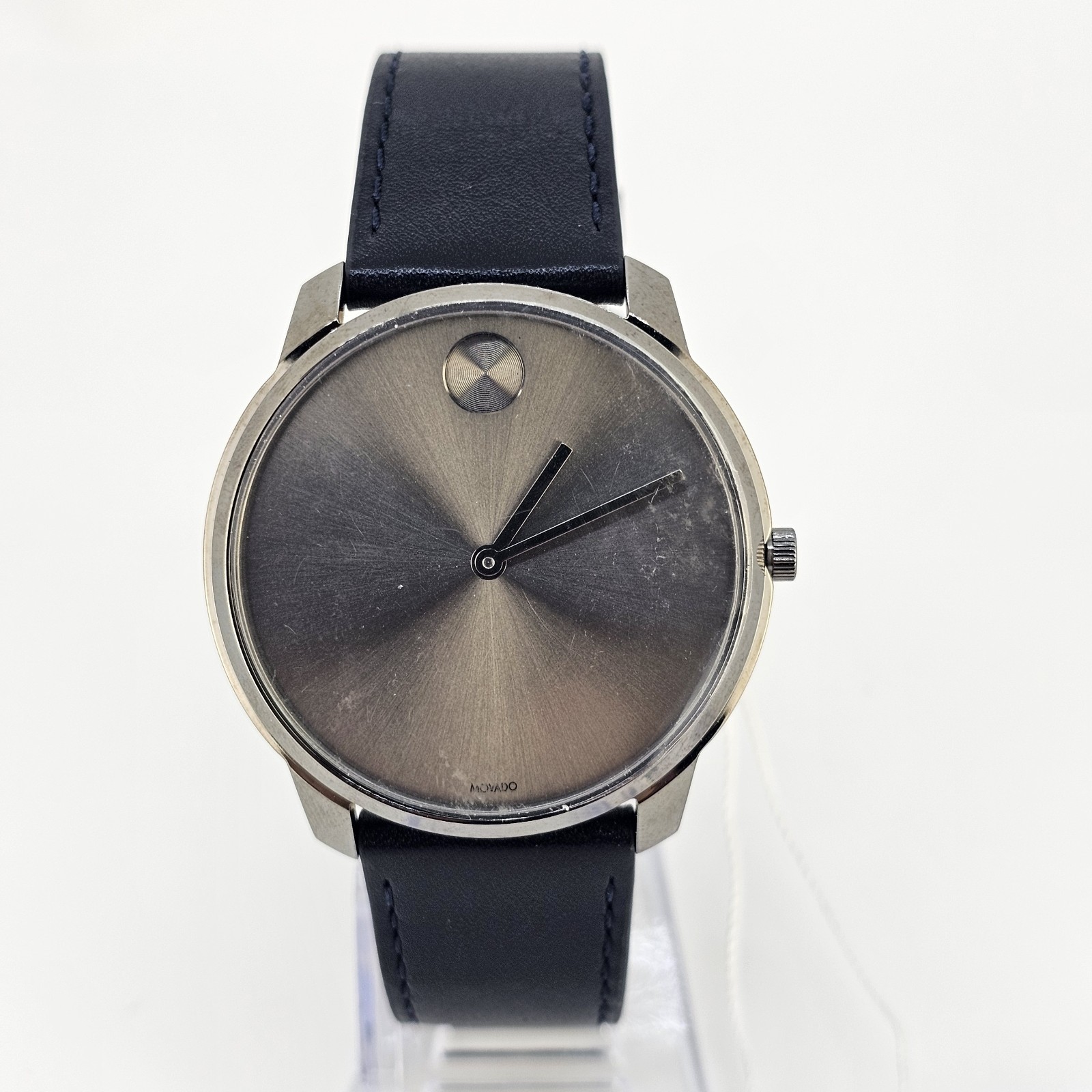 Movado Bold Men’s Watch 42MM Gray Dial Dark Blue Leather Bands New Battery