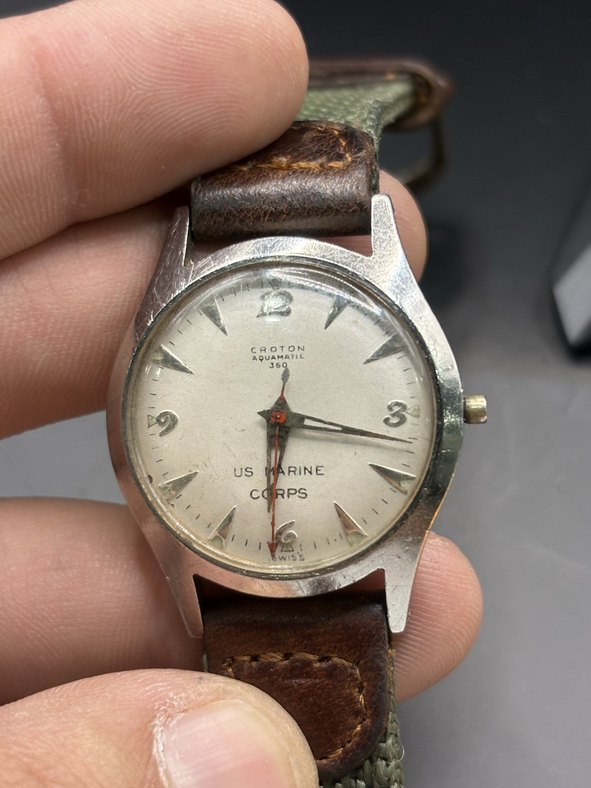 Vintage Croton Aquamatic 360 US Marine Corps Dial Watch Swiss Runs 30.5mm