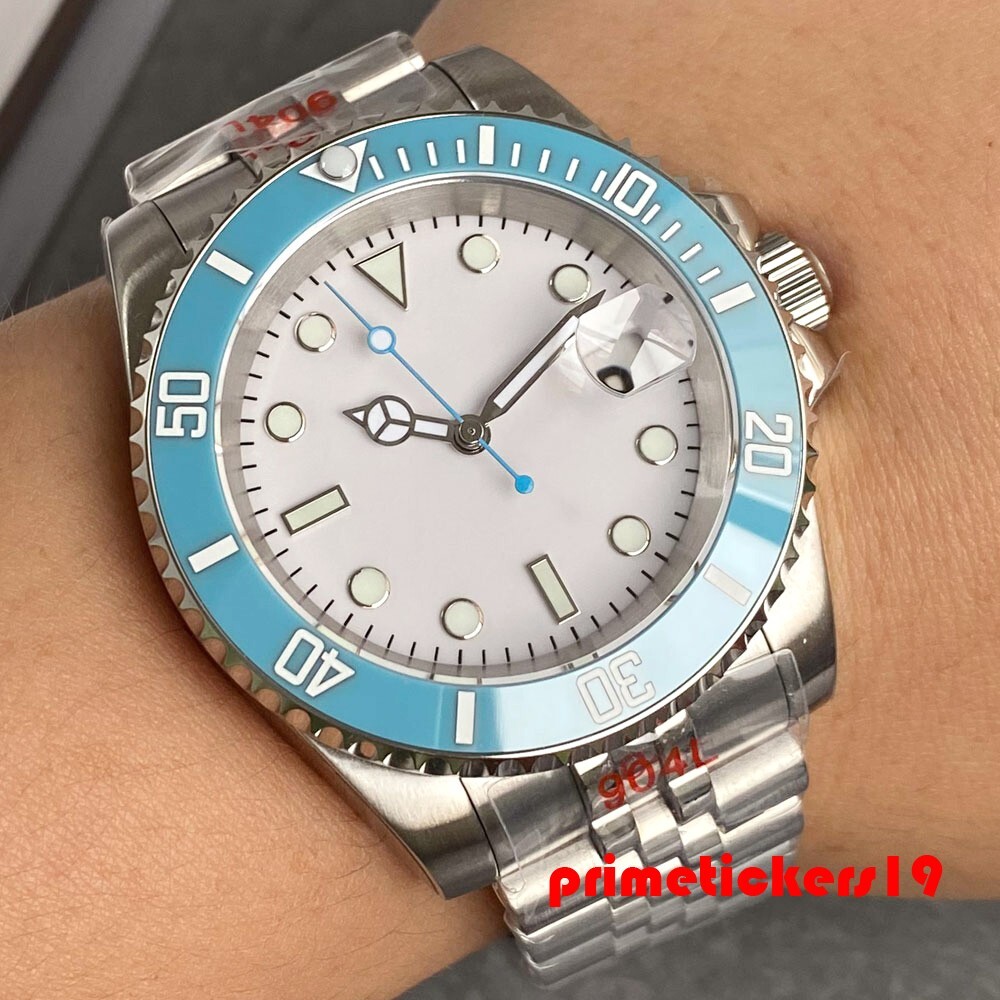 NH35 Sapphire Blue White 40mm Automatic Watch for Men Exhibition Back Date Lume