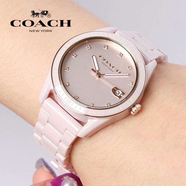 Coach Preston 14503264 Pink Ceramic Band Swarovski Crystal Date Women’s Watch