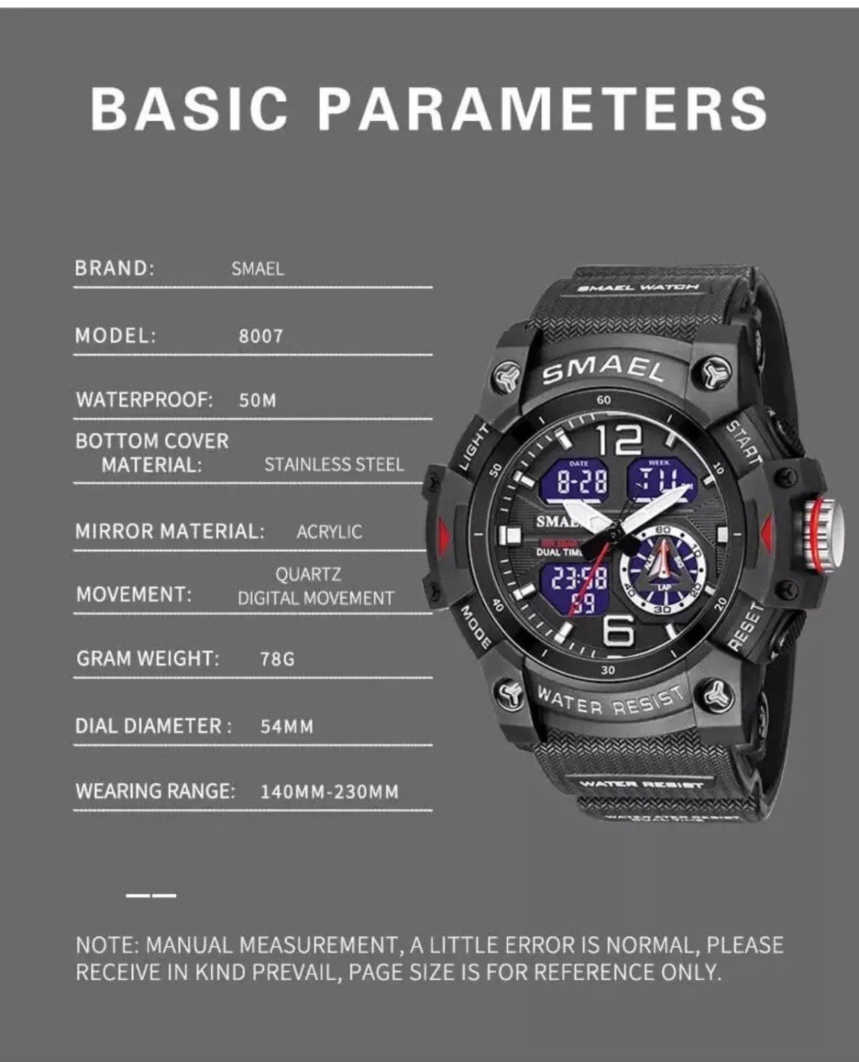 SMAEL Men’s Waterproof Watch, Military Style Watch with Alarm and Stopwatch