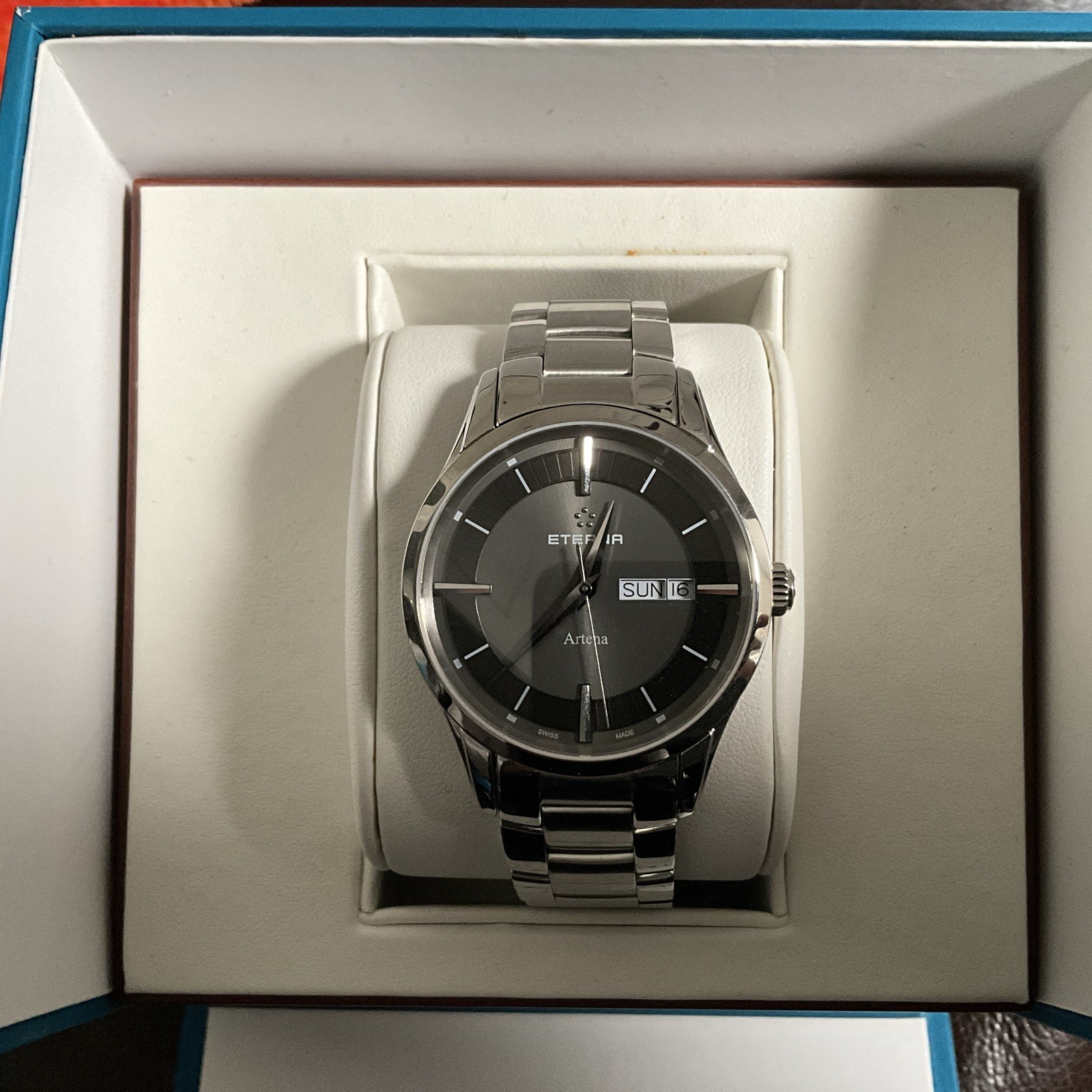 Eterna Artena 2520.41 Swiss Made Day Date Black Dial Stainless Steel Watch