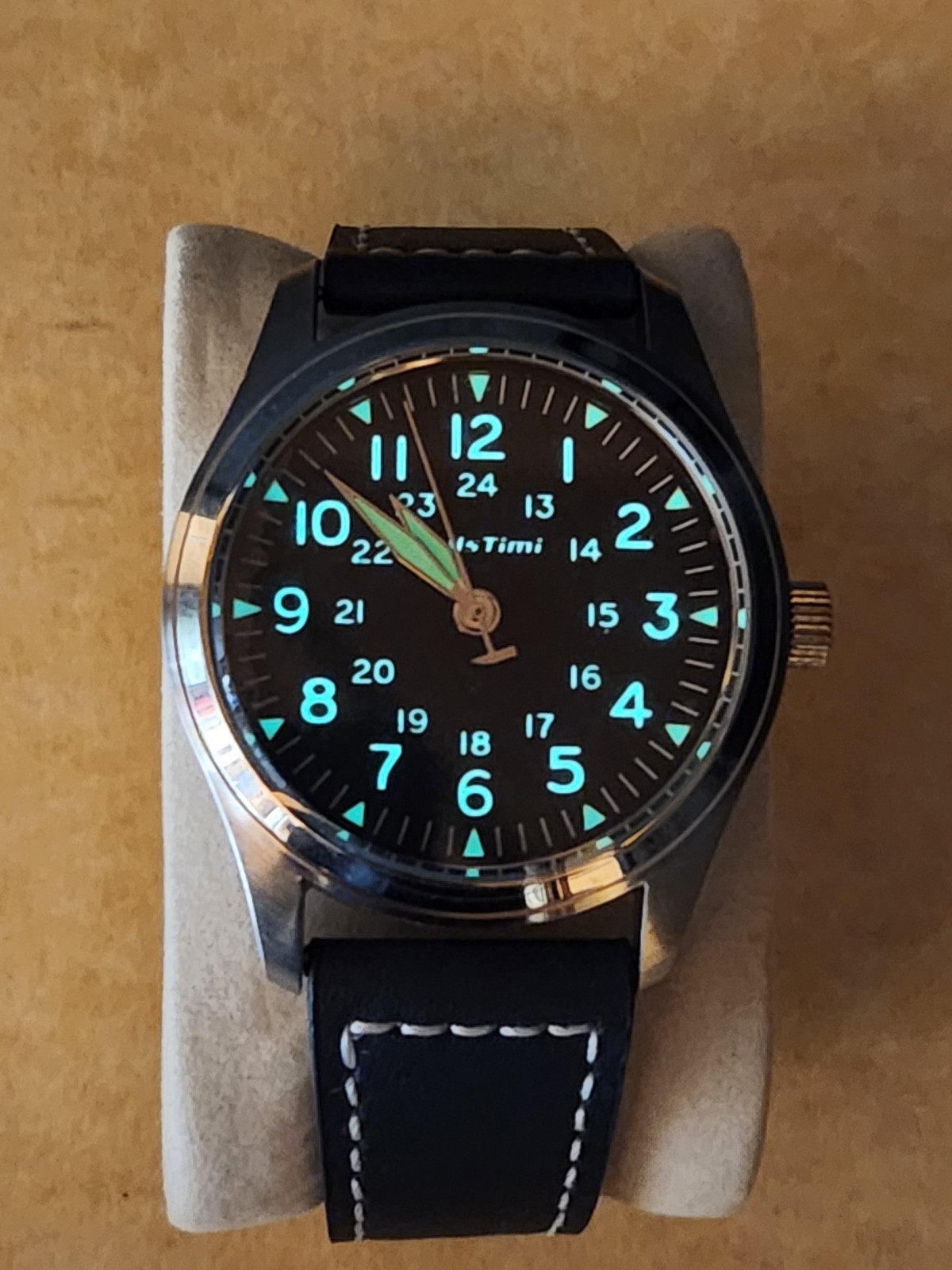 TJBSTimi Quartz Analog Black Dial 12/24hr Lume Silver Steel Leather Strap 3ATM