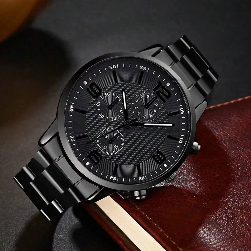 4PCS Men Quartz Watch Jewelry Gift Box Bracelet Necklace Ring Set