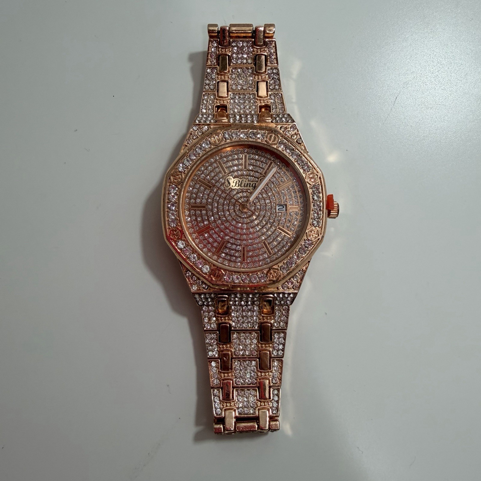 Bling for Men Classic Luxury Analog Rose Gold Rhinestone Wrist Watch