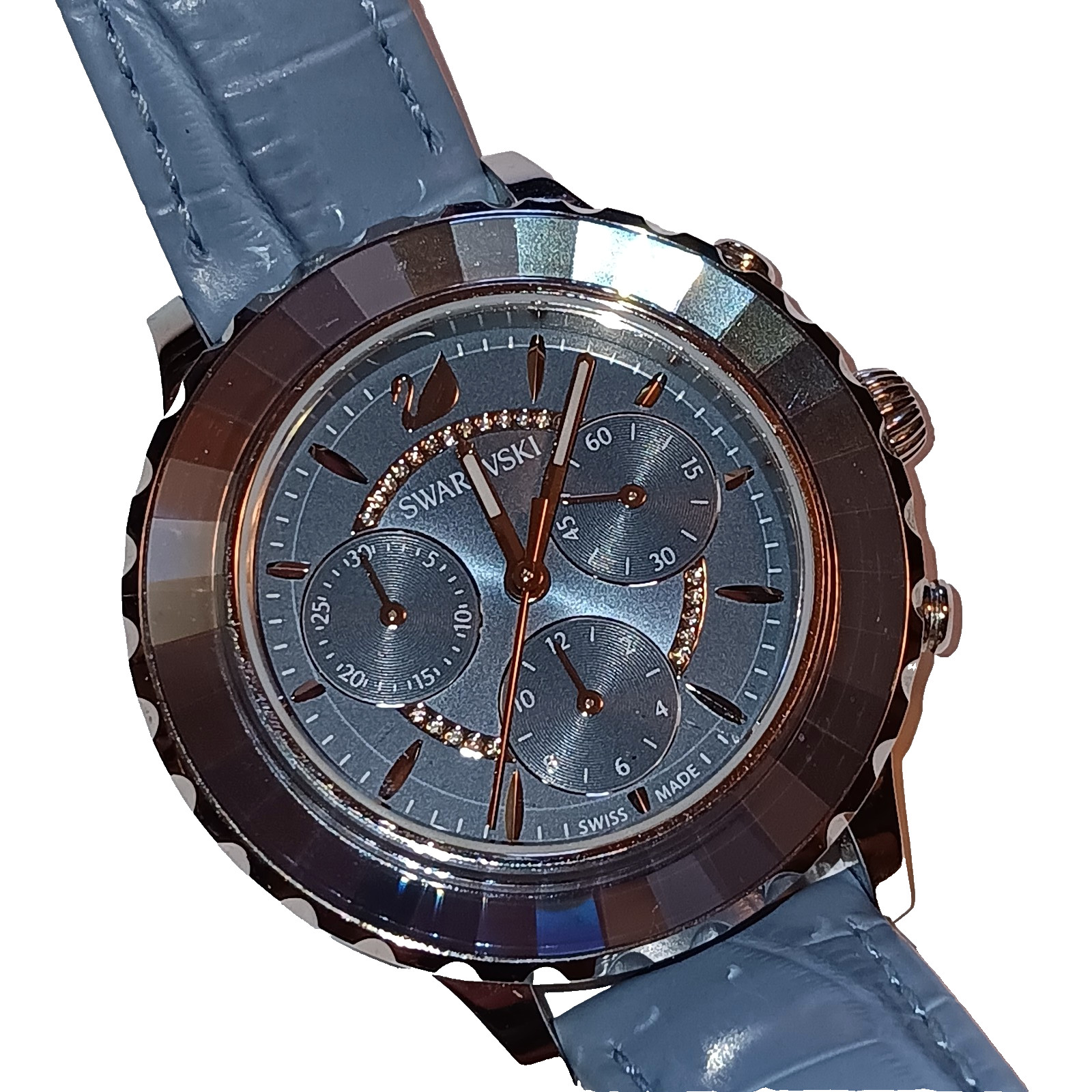 SWAROVSKI WOMEN’S OCTEA LUX SWISS CHRONOGRAPH WATCH BLUE CROC/SILVER PRE-OWNED