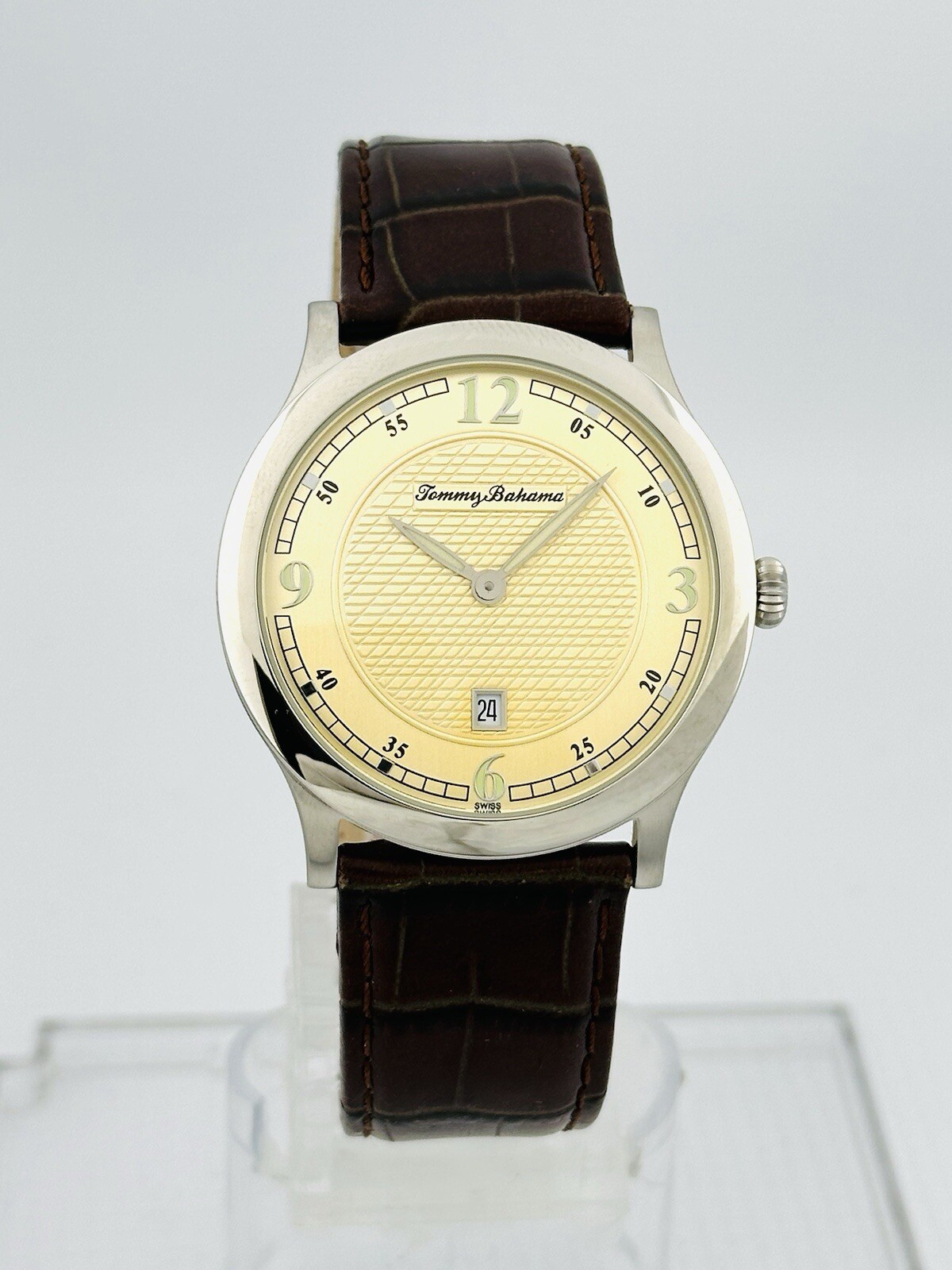 Tommy Bahama TB1051 Pineapple Dial Brown Croco Texture Leather Ultra Slim Watch