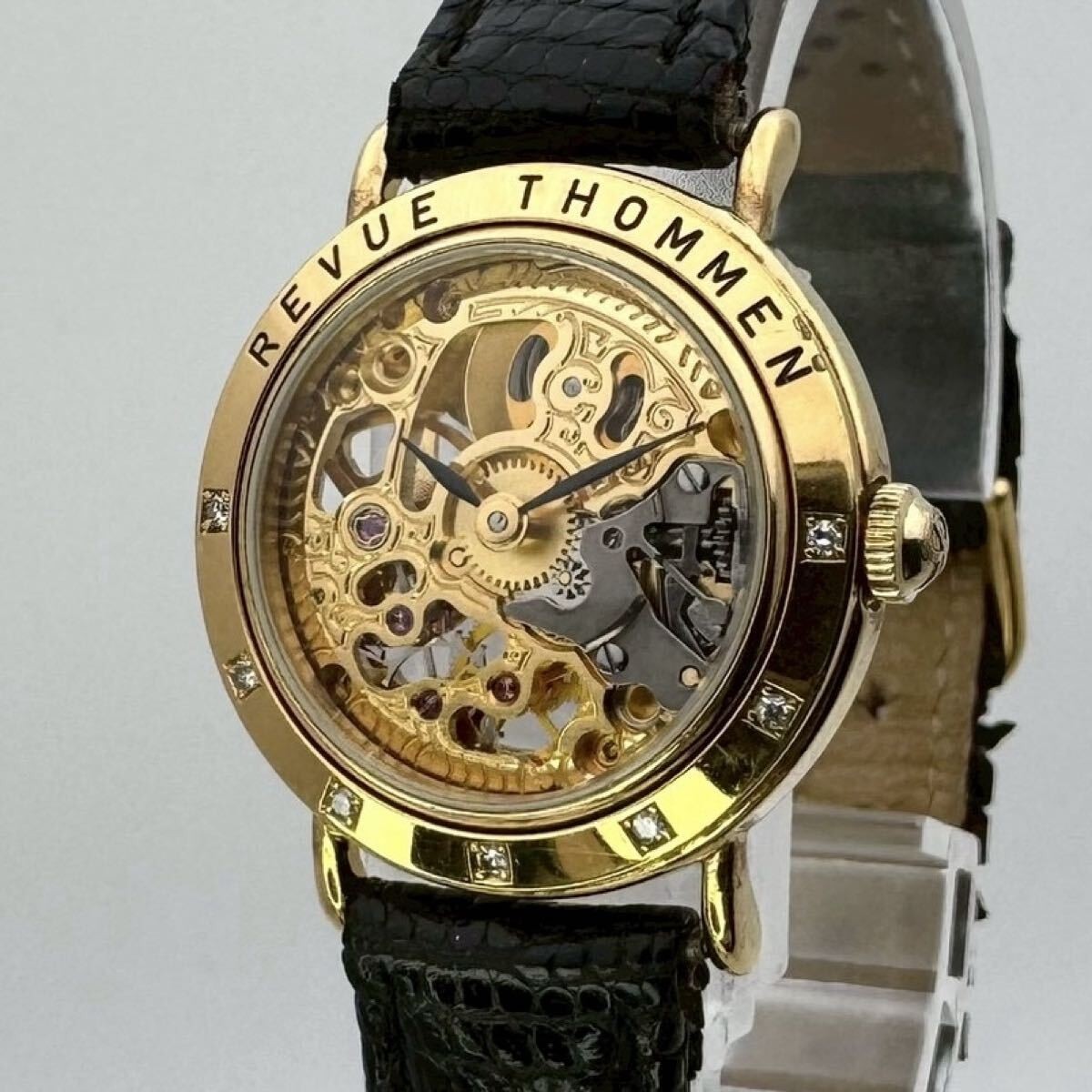 Revue Thommen Wristwatch Gold Dial 17J Hand-Wind 7P Diamond Bezel Men’s
