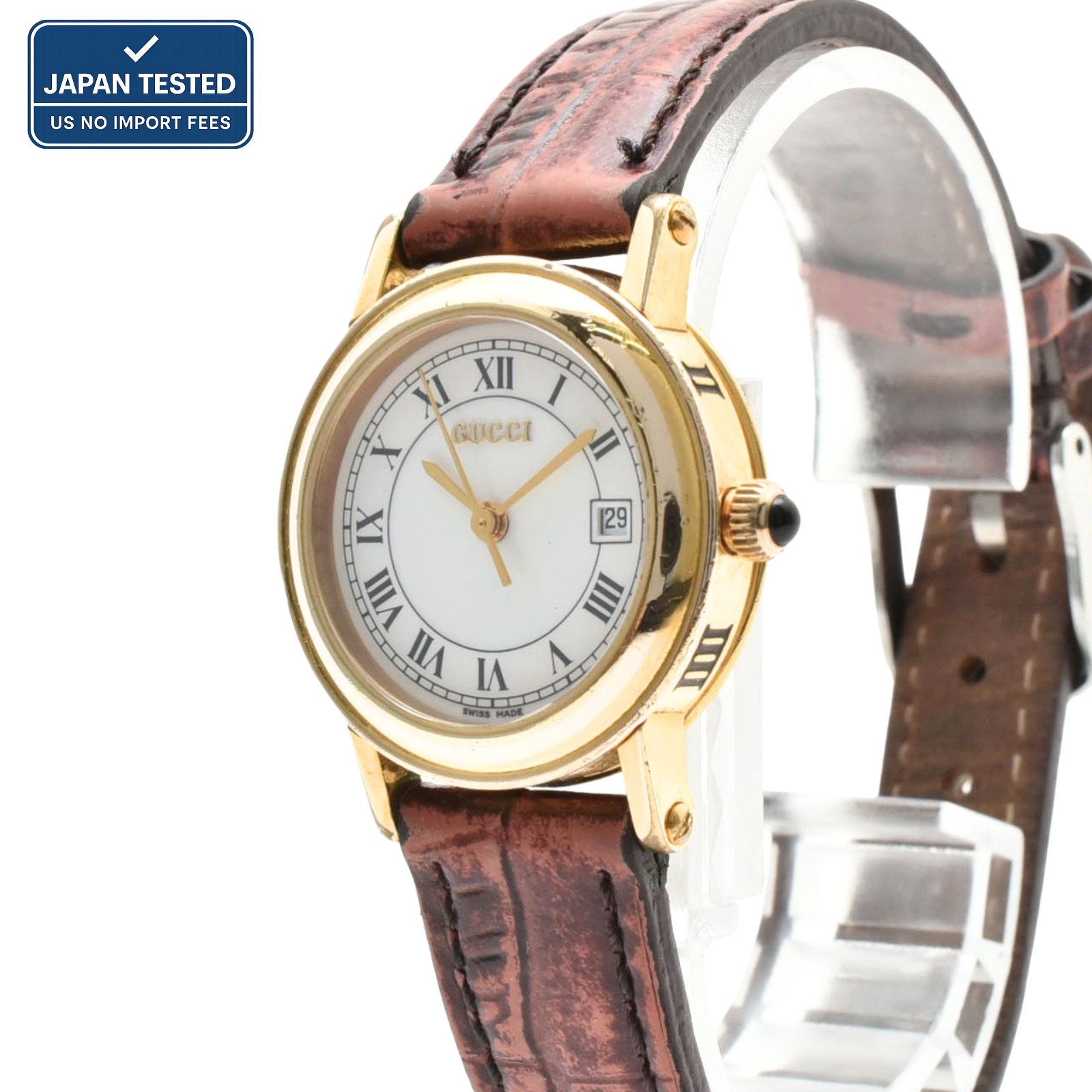 GUCCI 7200L Quartz Women’s Watch White Roman Dial Date Gold Tone Leather 26 mm