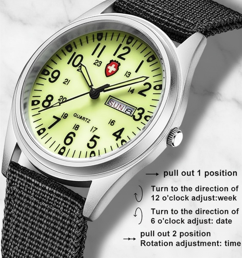 Swiss Style Unisex Military 42 mm Watch Sport Black Textile Nylon Strap Luminous