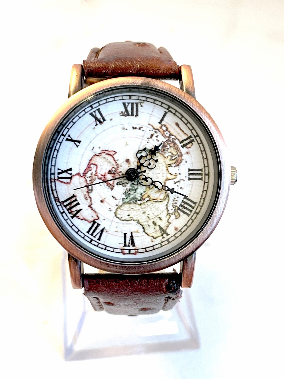 World Map Design Roman Numeral Leather Wrist Watch – Battery Included