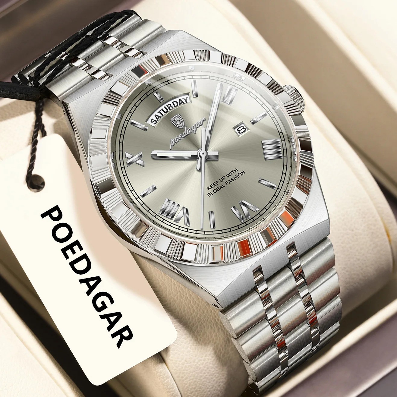 POEDAGAR Men Luxury Business Watch Quartz Waterproof Luminous Date Steel