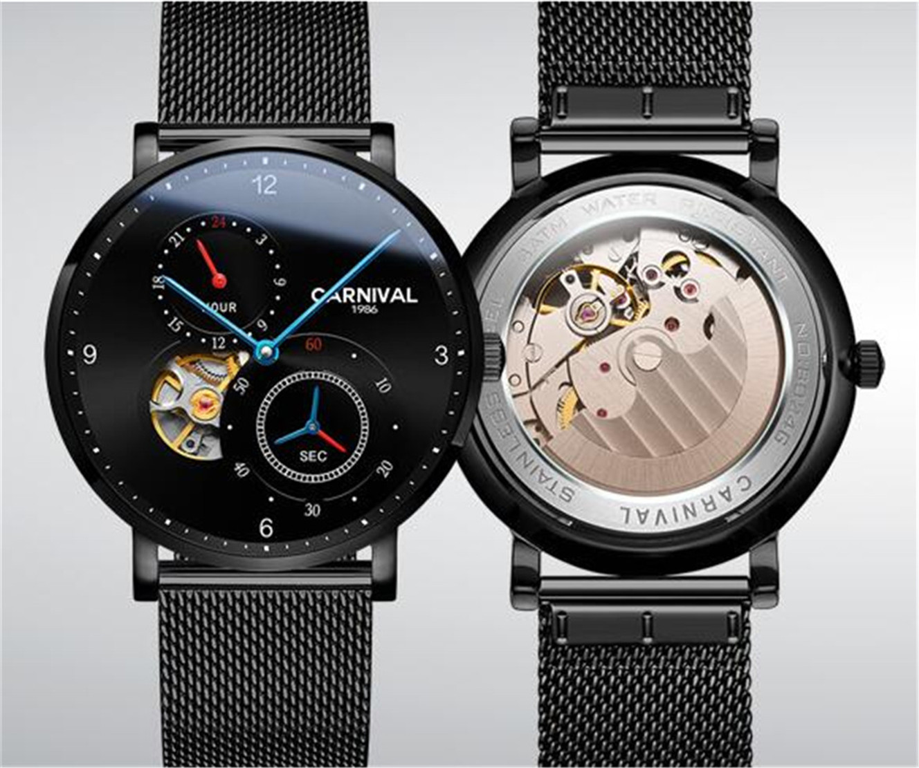 New Carnival Men Automatic Watch Small Seconds Dial 24hours Thin Mesh Band