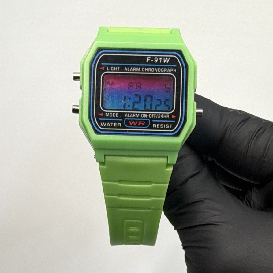 F-91W “Neon Arcade” – Lime Green Mod | Red & Blue Gradient Lens