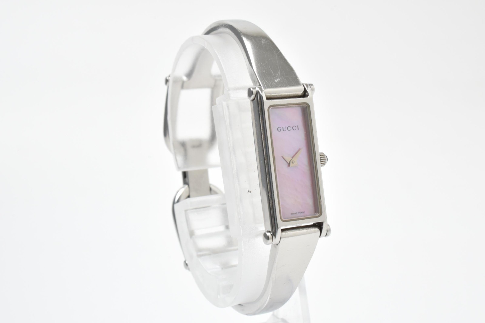GUCCI 1500L Quartz Women’s Rectangular Bangle Wristwatch Pink Dial Steel 12mm