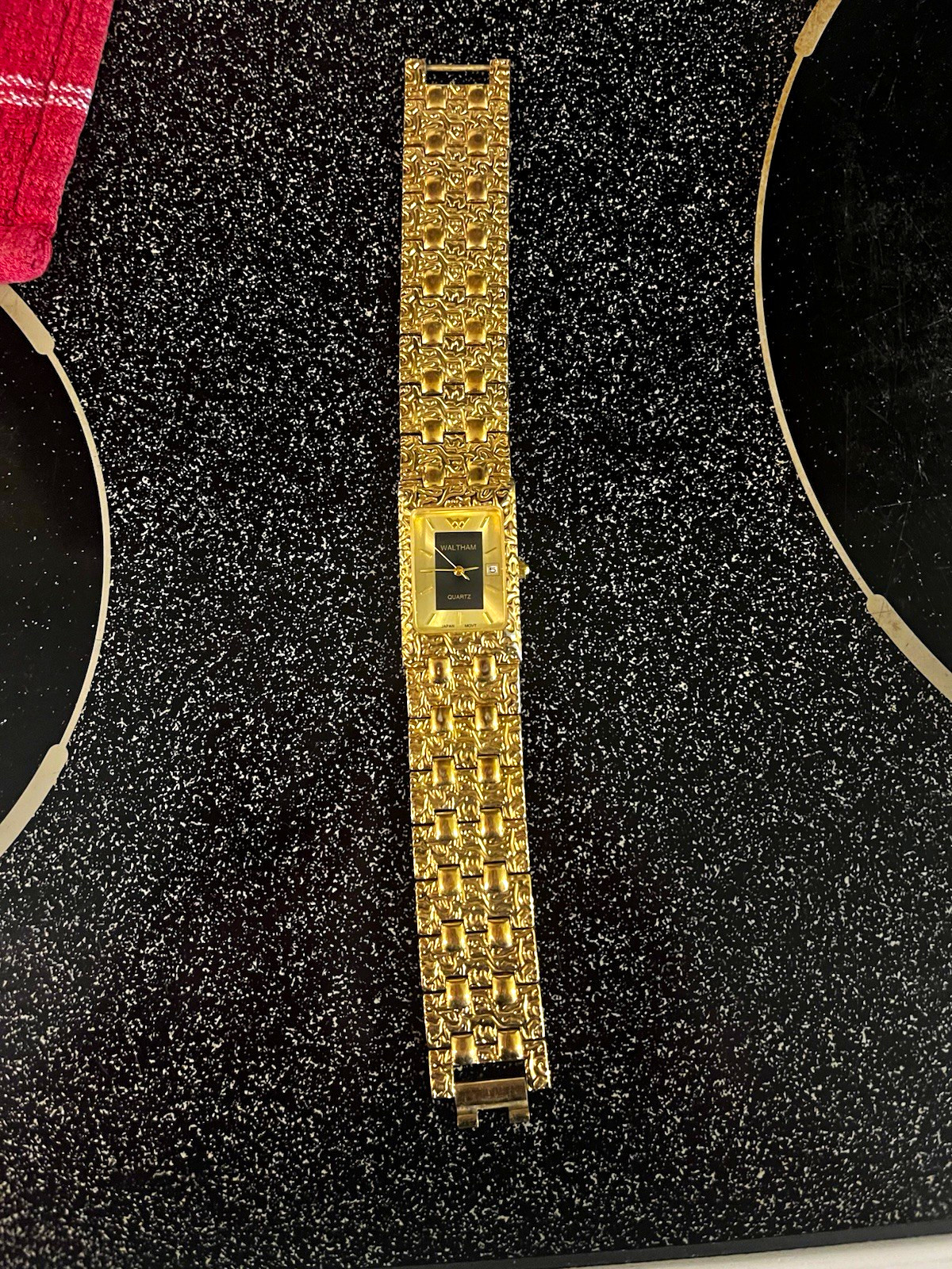 Waltham XA-313 Women’s Quartz Date Rectangle Gold Tone Watch Black Dial