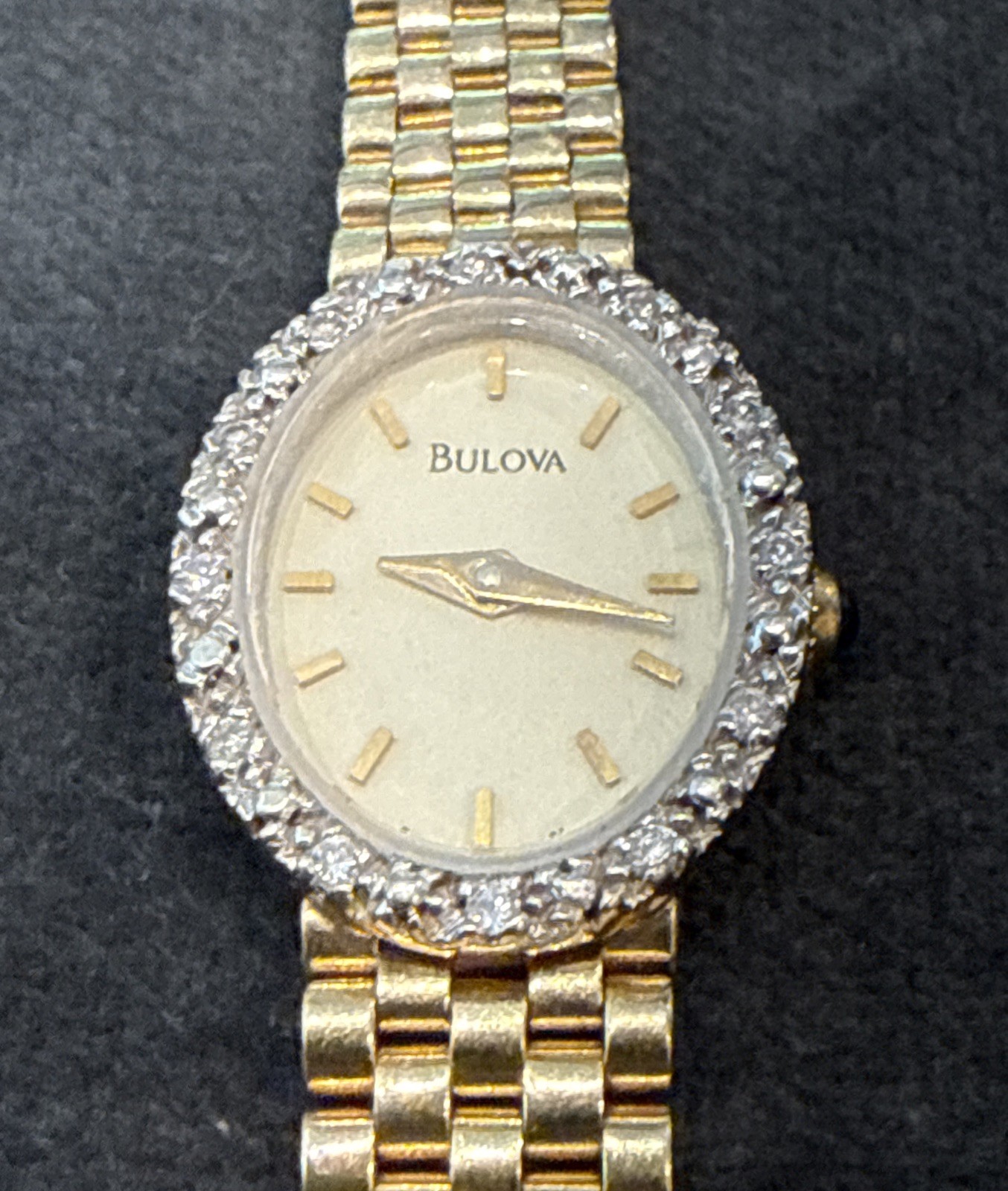 Vintage 14k Yellow Gold Bulova Watch ~ Diamond Bezel, New Battery ~ Beautiful!