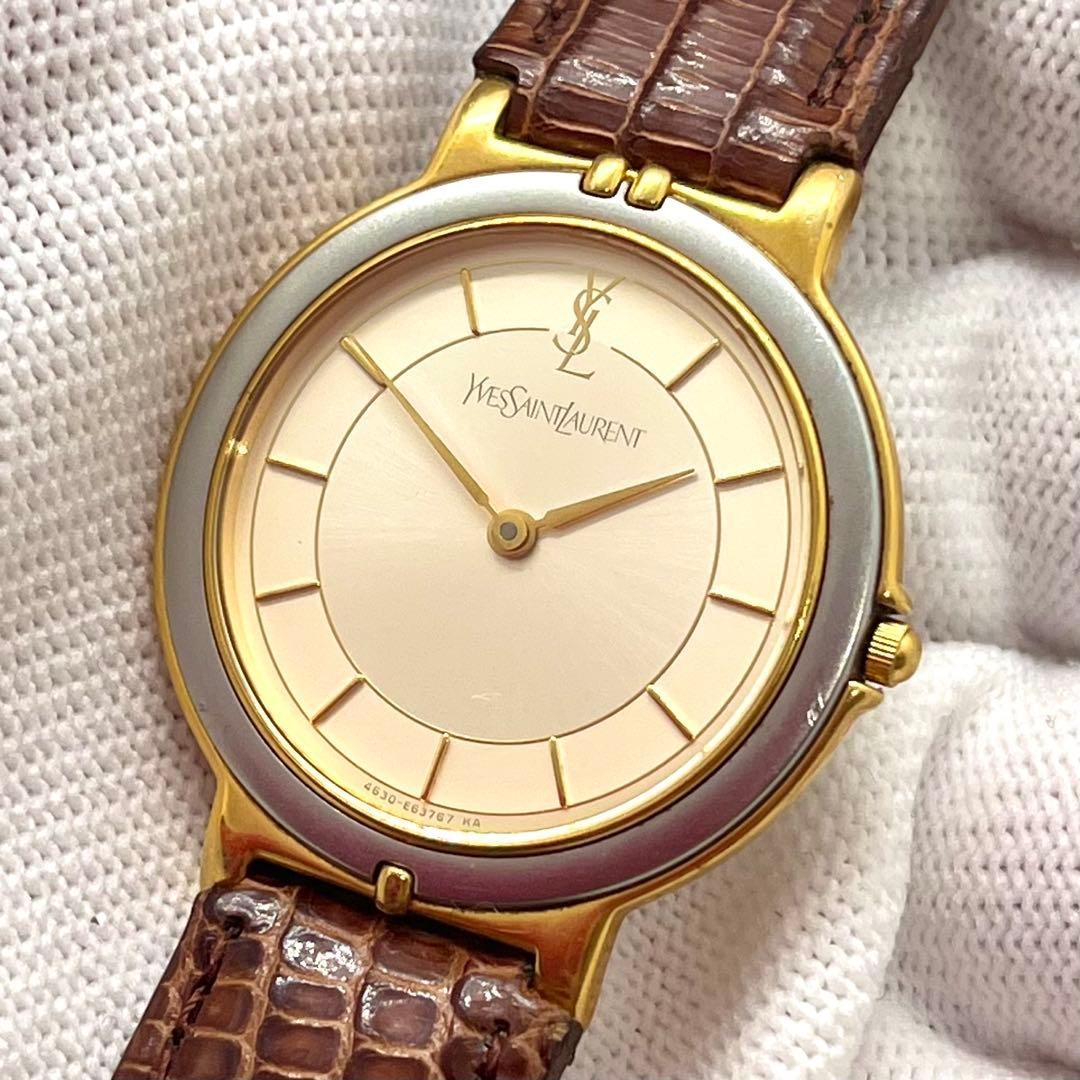 Yves Saint Laurent 4820 Quartz Watch 29.8mm Leather Two-Tone Wrist 20.5cm