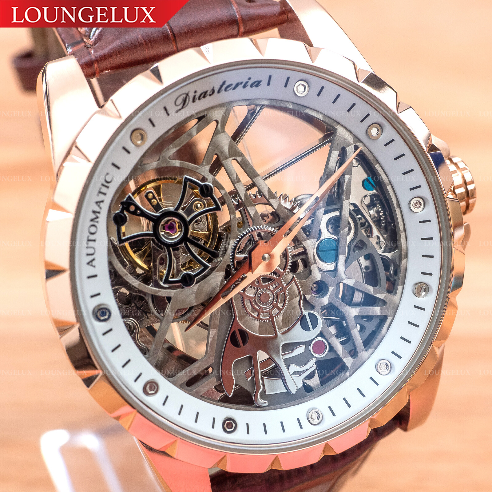 Mens Luxury Skeleton Automatic Mechanical Watch – Rose Gold White Dial Leather