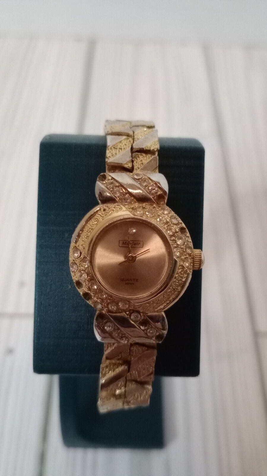 Mayfair Ladies Gold Toned Watch Analog Bracelet Band Rhinestones