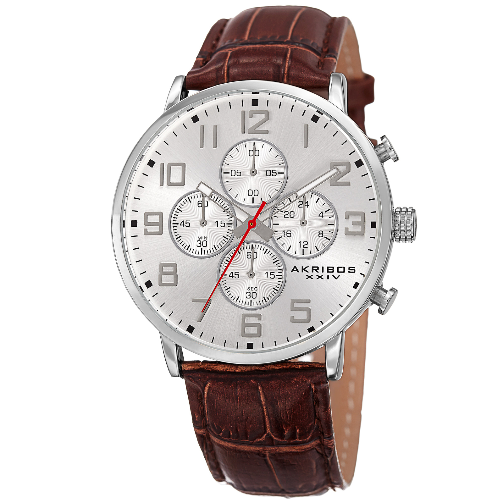 Men’s Akribos XXIV AK854SSBR Silver-tone Chronograph Brown Leather Strap Watch
