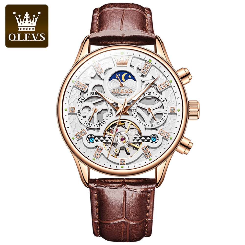OLEVS Mechanical Watch Moon Phase White Dial Hollow Tourbillon Men Wristwatch