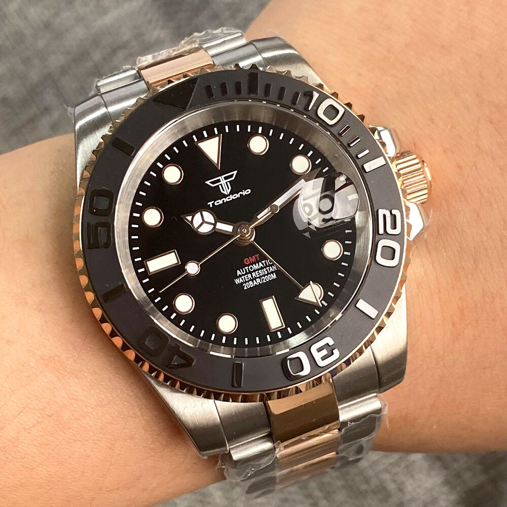 40mm Tandorio Black dial NH34A GMT Date Automatic Mens Watch Rose golden case
