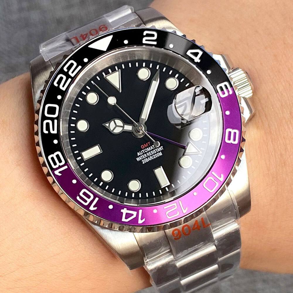 40mm Tandorio Black Dial Japan NH34A GMT Automatic Mens Watch Black Purple Bezel
