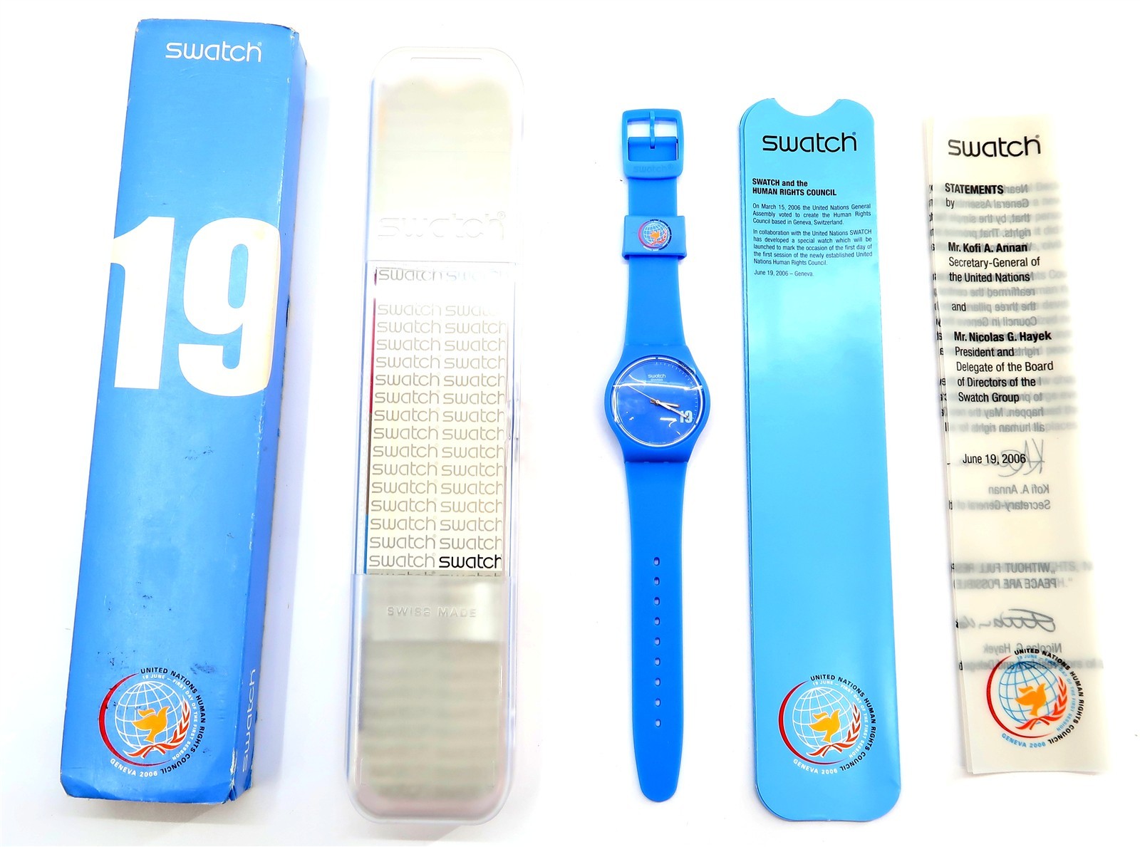 NEW Swatch Watch SHAKE THE WORLD 19 SUJZ102 + Case & Papers 2006 UN HUMAN RIGHTS